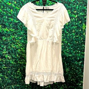 White bohemian linen mini dress with peekaboo lace cutouts in size XXL